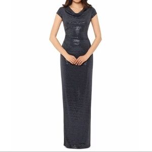 XSCAPE New Gray Sequined Cut Out Cap Sleeve Gown